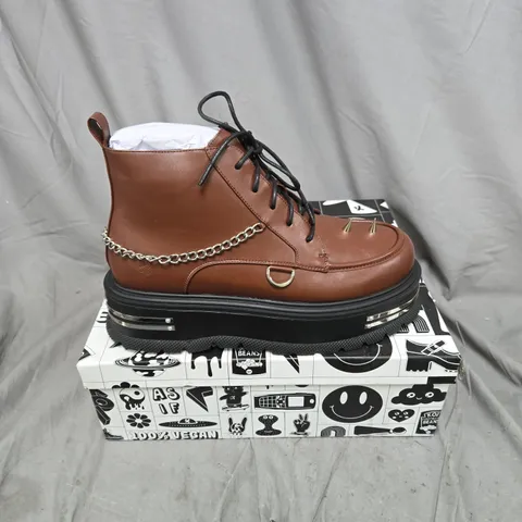 BOXED PAIR OF KOI THE SILENCE PLATFORM GRUNGE BOOTS IN BROWN - UK 10