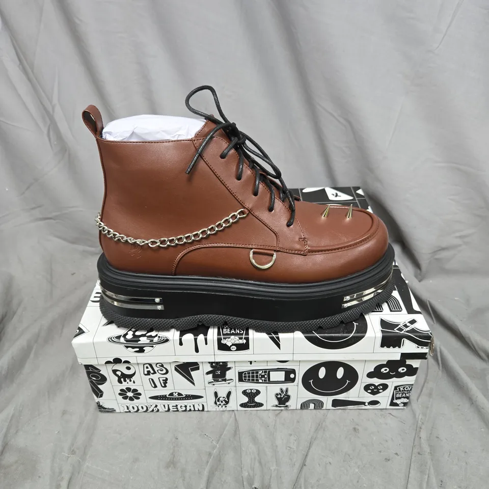 BOXED PAIR OF KOI THE SILENCE PLATFORM GRUNGE BOOTS IN BROWN - UK 10