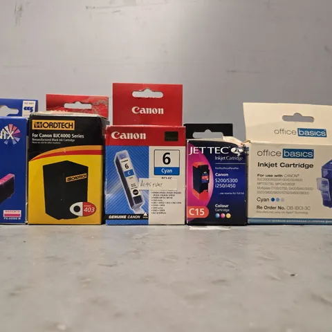 BOX OF APPROXIMATELY 50 ASSORTED PRINTER ITEMS TO INCLUDE - OFFICE BASICS INKJET CARTRIDGE , CANON 6 CYAN , JET TEC INKJET CARTRIDGE ETC