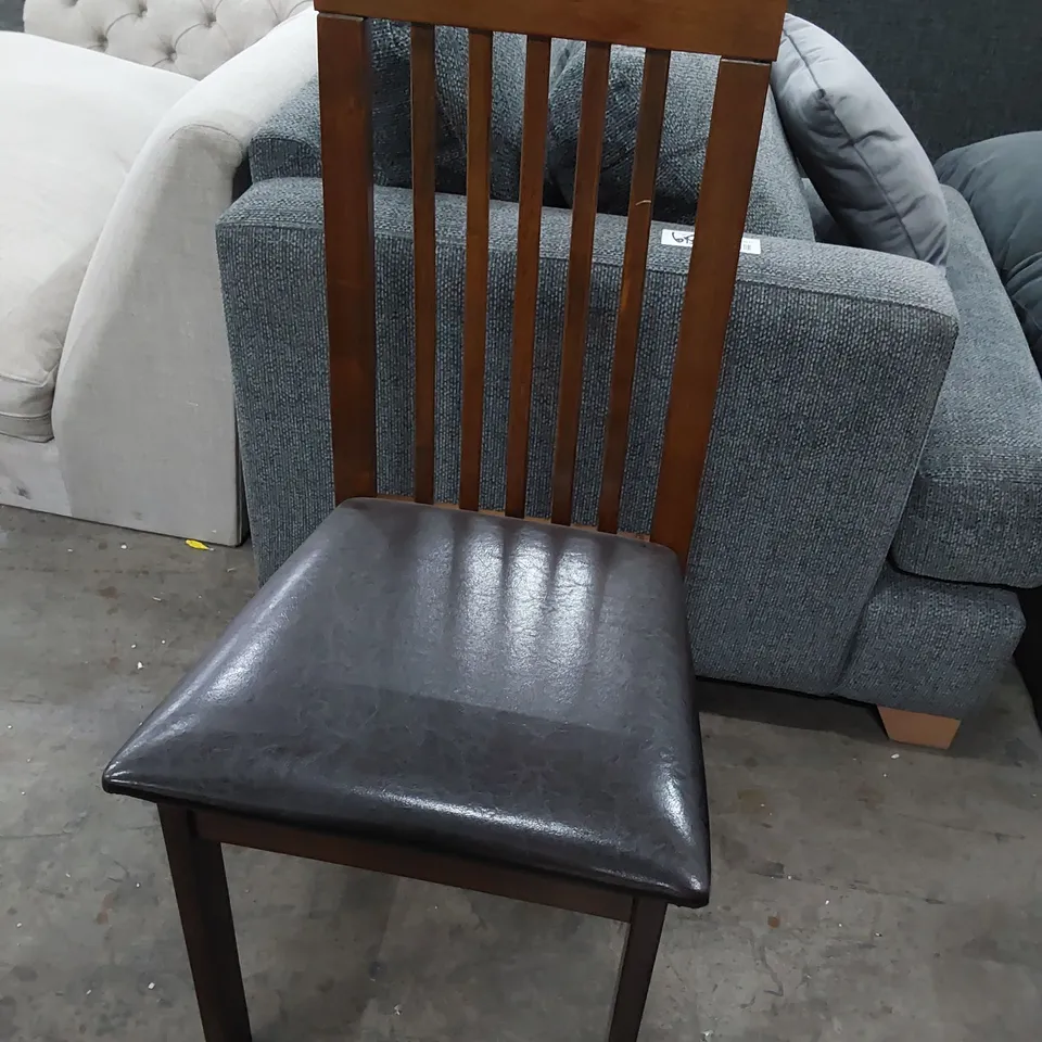 DESIGNER MAHOGANY EFFECT DINING CHAIR WITH LEATHER SEAT AND GREY UPHOLSTERED DINING CHAIR