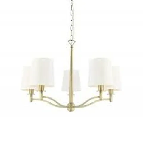 BOXED ENDON ORTONA 5 LIGHT PENDANT MATT ANTIQUE BRASS AND WHITE FAUX SILK