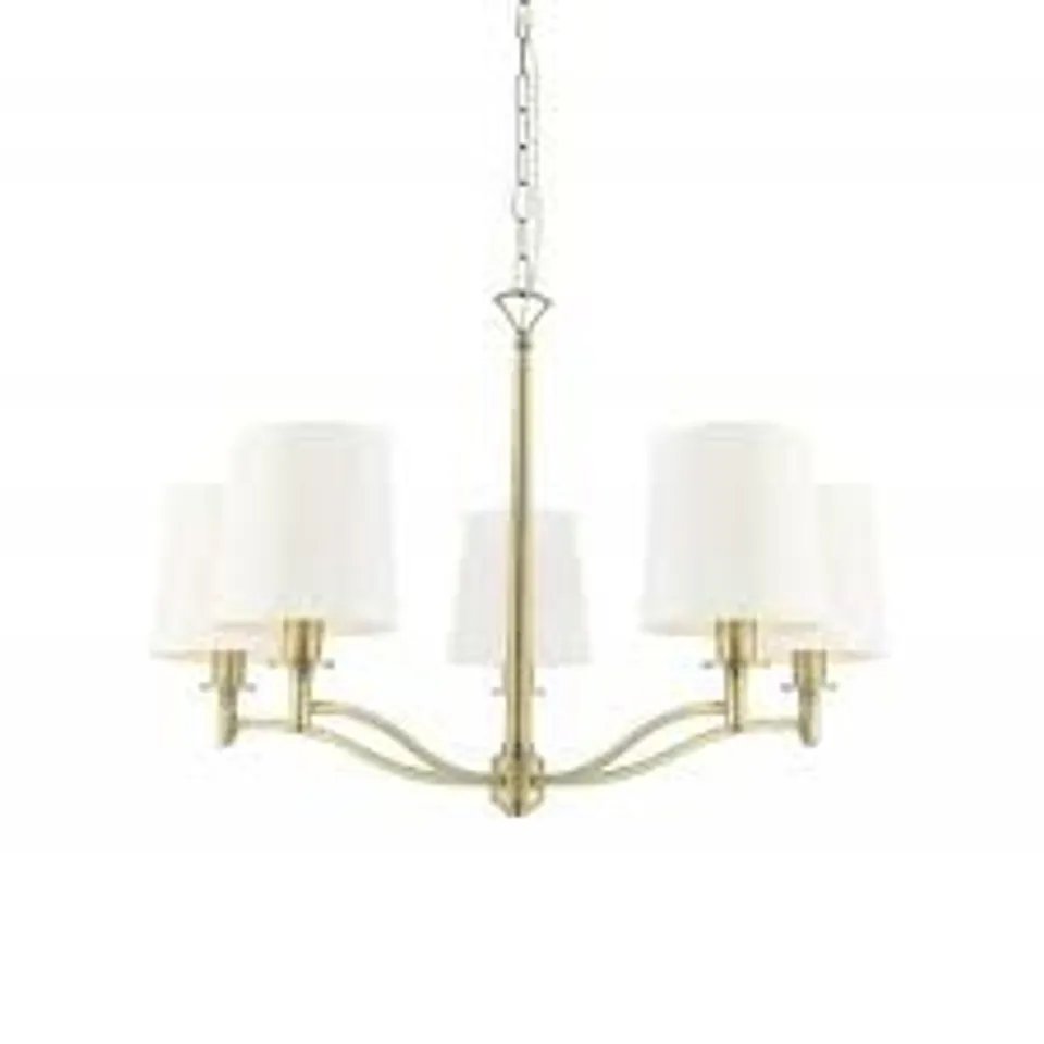 BOXED ENDON ORTONA 5 LIGHT PENDANT MATT ANTIQUE BRASS AND WHITE FAUX SILK
