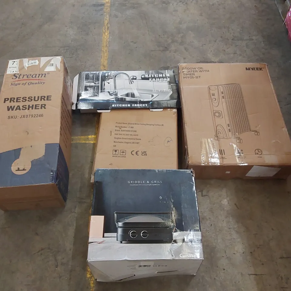 PALLET OF ASSORTED ITEMS INCLUDING: GRIDDLE & GRILL, PRESSURE WASHER, 2500W OIL HEATER, KITCHEN FAUCET, FOLDING SHOPPING TROLLEYS, POP UP GAZEBO ECT