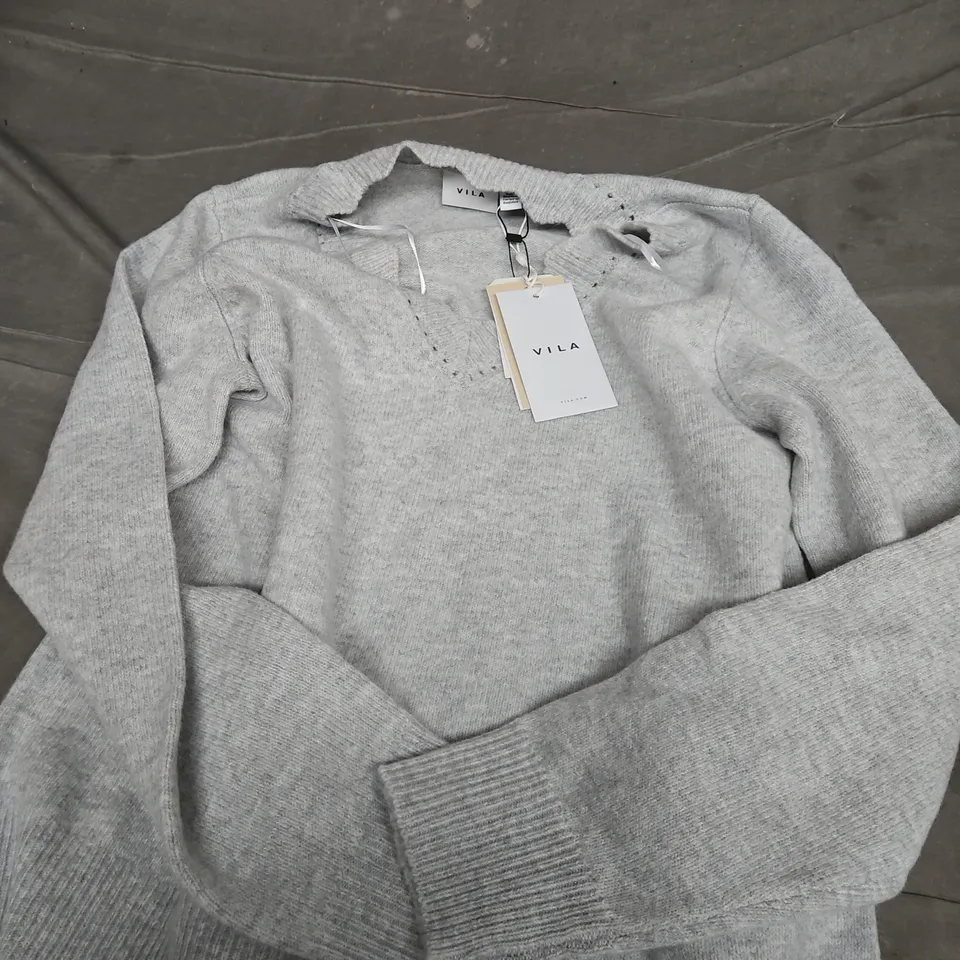 VILA VINIKOLINA V-NECK KNIT TOP – LIGHT GREY MELANGE, UK S