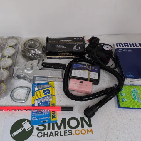 CAGE OF ASSORTED CAR AND TOOL ITEMS TO INCLUDE MODULE CONTROLLER, AIR FILTER, RACHET STRAPS AND CADWELL WELD METAL