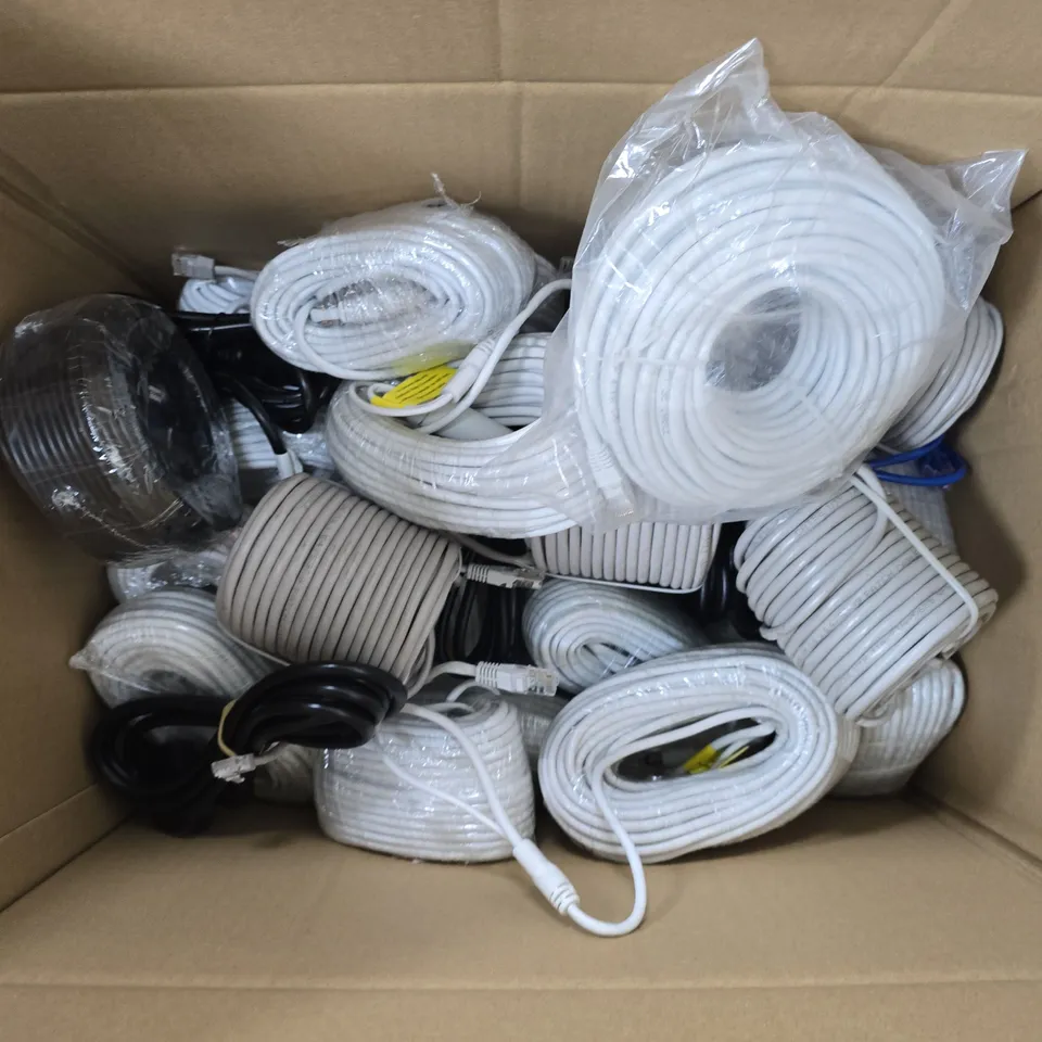 APPROXIMATELY 40 ASSORTED CABLES TO INCLUDE PATCH CABLE, ETHERNET CABLE, KETTLE LEAD, ETC - COLLECTION ONLY