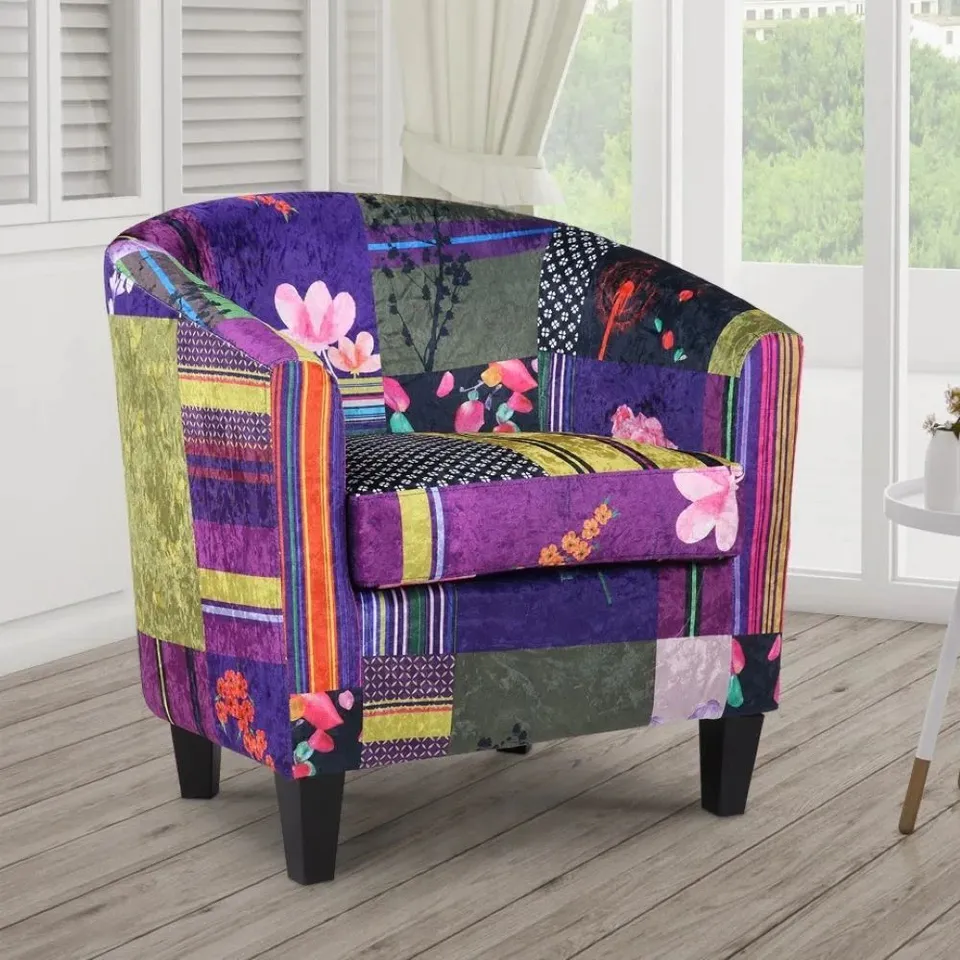 BOXED ANGELICE MULTICOLOURED PATCHWORK ACCENT TUB CHAIR - PURPLE PATCHWORK 