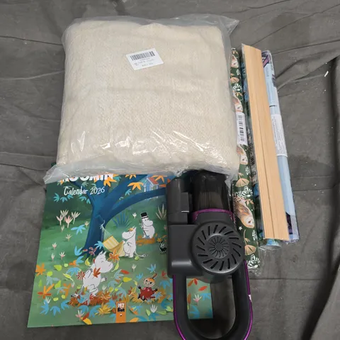 APPROXIMATELY 25 ASSORTED HOUSEHOLD PRODUCTS TO INCLUDE WRAPPING PAPER, VACUUM CLEANER PART, MOOMIN 2026 CALENDER, ETC - COLLECTION ONLY