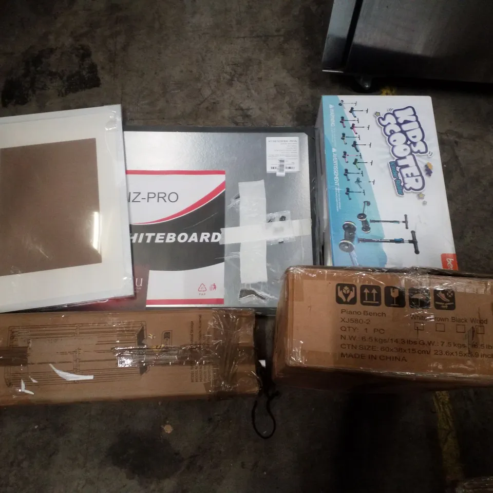 PALLET CONTAINING ASSORTED PRODUCTS INCLUDING WHITEBOARD, KIDS SCOOTER, PICTURE FRAME, STUFFED ANIMAL STORAGE & PIANO BENCH