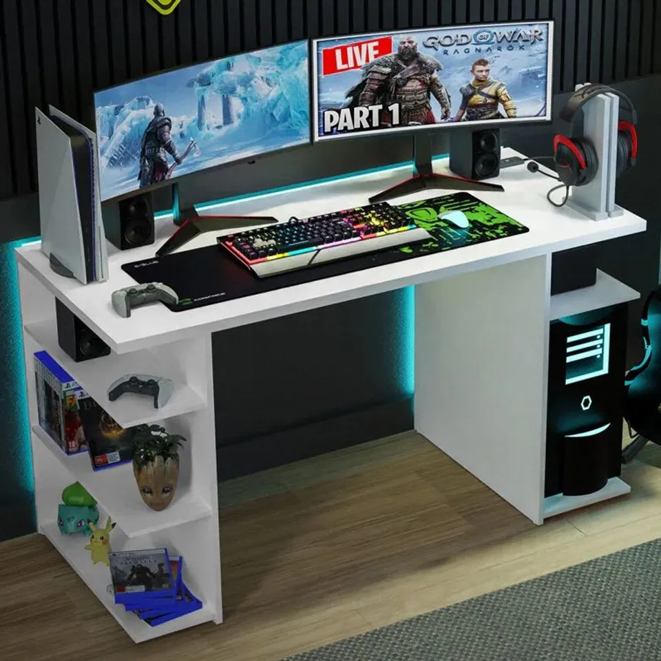 BOXED ASNA GAMING COMPUTER DESK WITH 5 SHELVES 60D × 136W × 75H