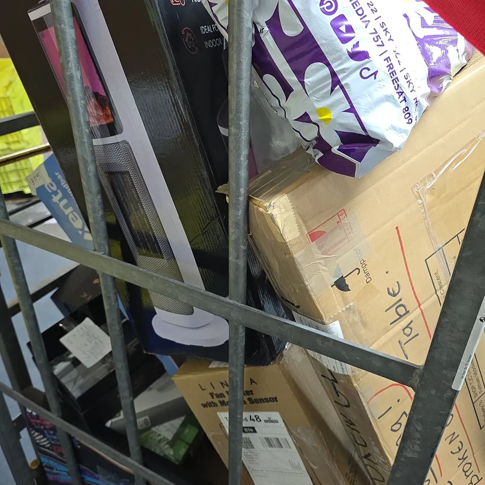 CAGE OF APPROXIMATELY 20 ASSORTED BROKEN ITEMS TO INCLUDE - TOWER HEATER , TABLE LAMP , VACUUM CLEANER ETC