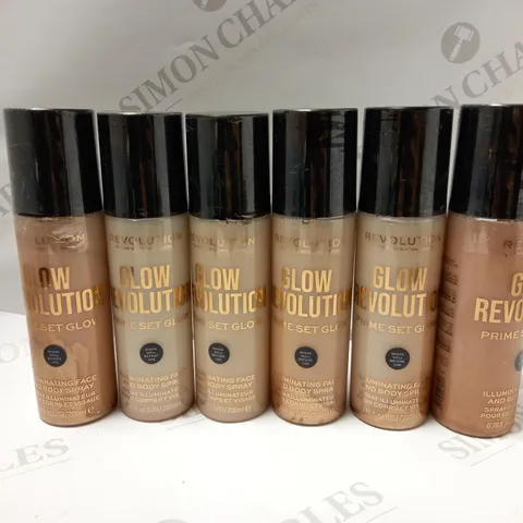 LOT OF APPROX 6 X 200ML ASSORTED REVOLUTION PRIME SET GLOW ILLUMINATING FACE AND BODY SPRAY