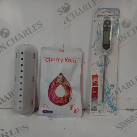 APPROXIMATELY 15 ASSORTED HOUSEHOLD ITEMS TO INCLUDE DIGITAL THERMOMETER, CHERRY COLA AIR UP POD, ETC