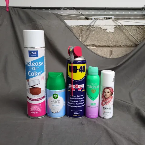 APPROXIMATELY 15 ASSORTED AEROSOLS TO INCLUDE AIR WICK PURE REFILL, WD-40 AND REBELLIOUS TEMPORARY HAIR COLOUR SPRAY