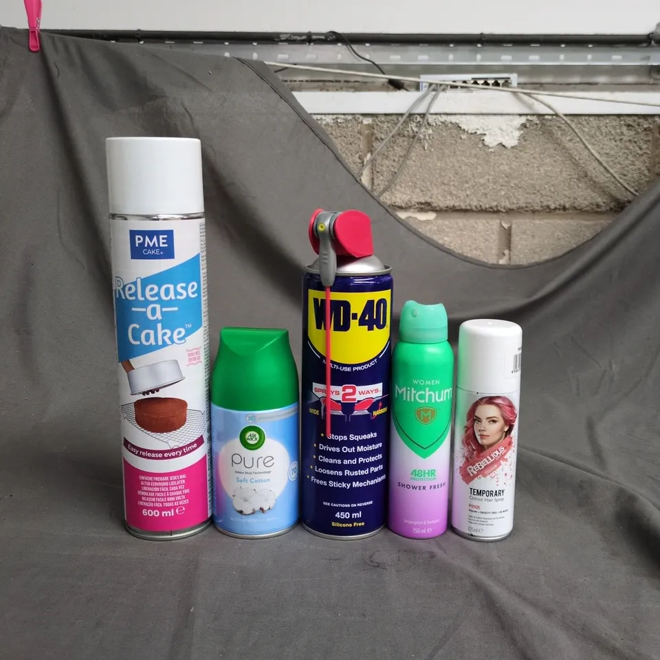 APPROXIMATELY 15 ASSORTED AEROSOLS TO INCLUDE AIR WICK PURE REFILL, WD-40 AND REBELLIOUS TEMPORARY HAIR COLOUR SPRAY