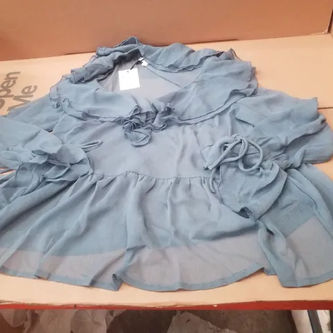 BOX CONTAINING APPROXIMATELY 14 BRAND NEW SIMPLY BE TEAL RUFFLE BLOUSES - SIZE 12
