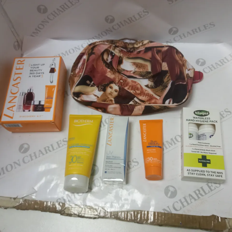 BOXED SUN AND TRAVEL 6 PIECE COLLECTION TO INCLUDE NILAQUA, LANCASTER, ETC