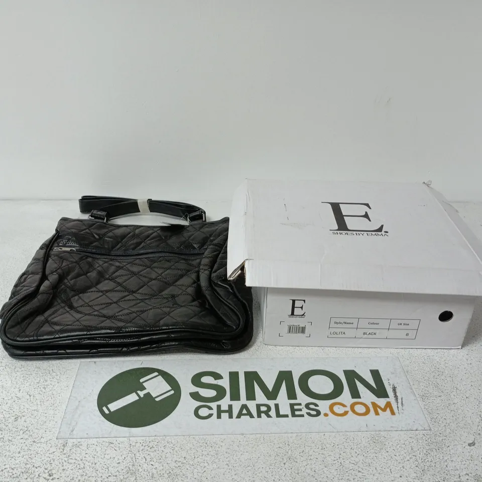 BOX OF APPROXIMATELY 15 ASSORTED ITEMS TO INCLUDE BLACK LEATHER HANDBAG, SHOES BY EMMA FOOTWEAR ETC