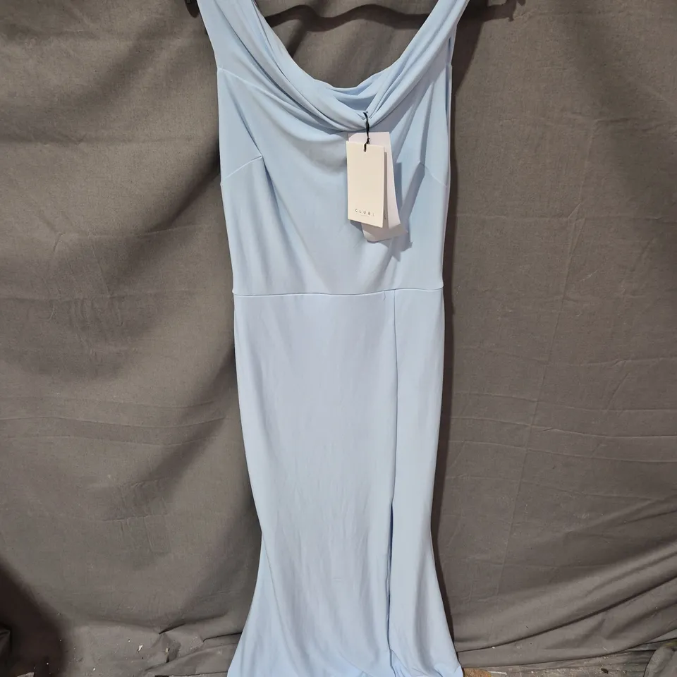 CLUB LONDON LAW OF ATTRACTION POWDER BLUE BARDOT DRAPED SPLIT MAXI DRESS – UK 12