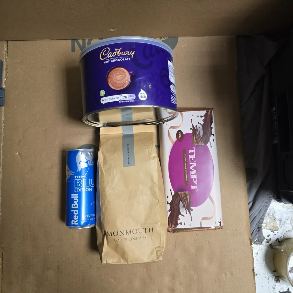 A TOTE OF VARIABLE TO INCLUDE HOT COCOLATE, COFFE AND MORE