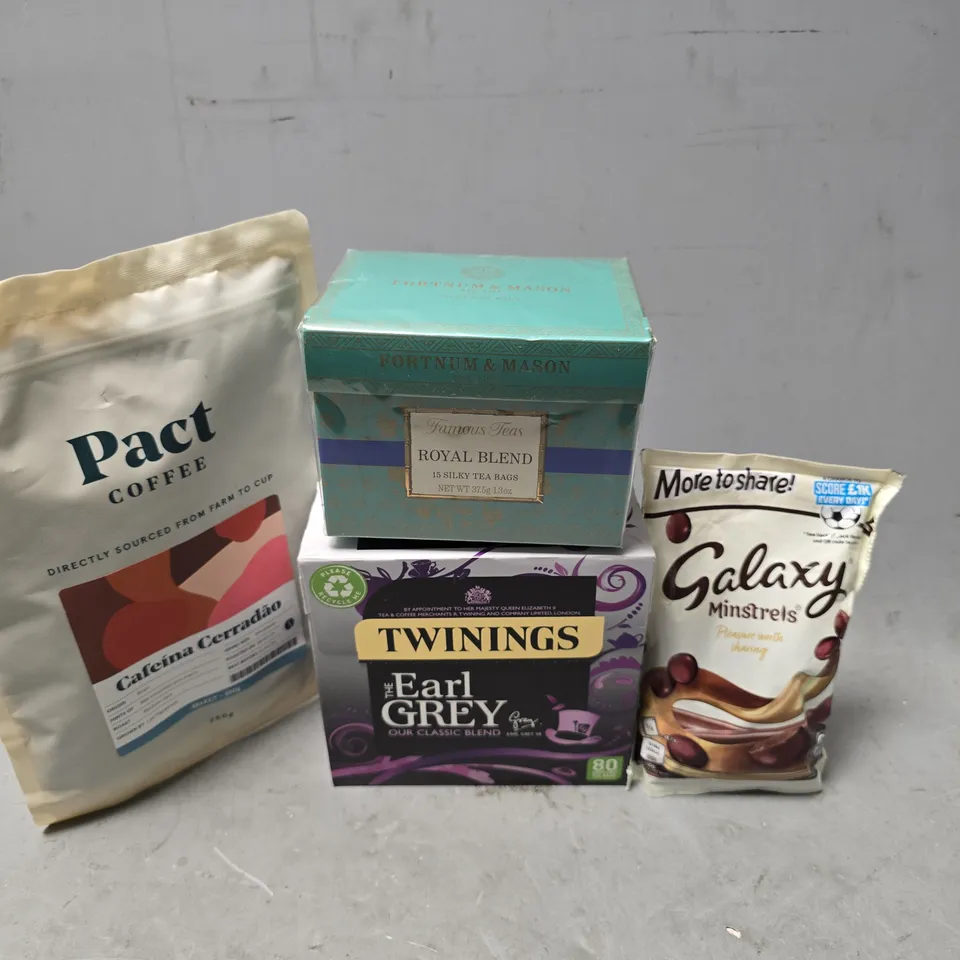 APPROXIMATELY 10 ASSORTED FOOD & DRINK ITEMS TO INCLUDE - PACT COFFEE CAFEINA CERRADAO , GALAXY MINSTRELS ETC