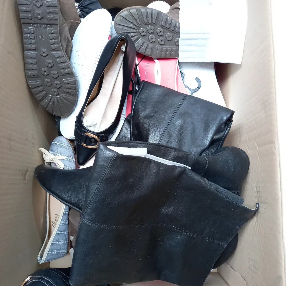 BOX OF APPROX 10 PAIRS OF ASSORTED WOMENS SHOES IN VARIOUS COLOURS, STYLES AND SIZES