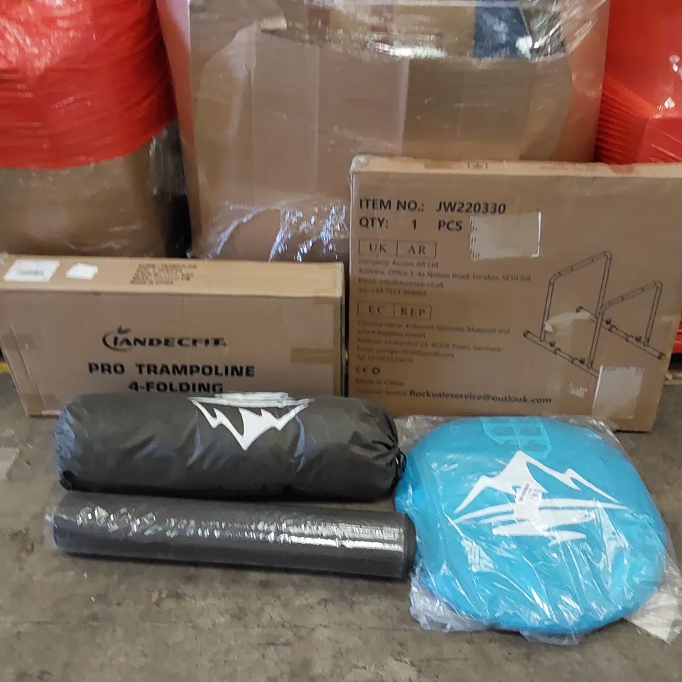 PALLET OF ASSORTED ITEMS INCLUDING: TRAMPOLINE, TENT, POP UP TENT, YOGA MAT