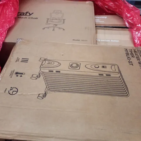 PALLET CONTAINING ASSORTED PRODUCTS INCLUDING 2500W OIL HEATER WITH TIMER, MULTI-USE STEAM CLEANER & ERGONOMIC MESH CHAIR