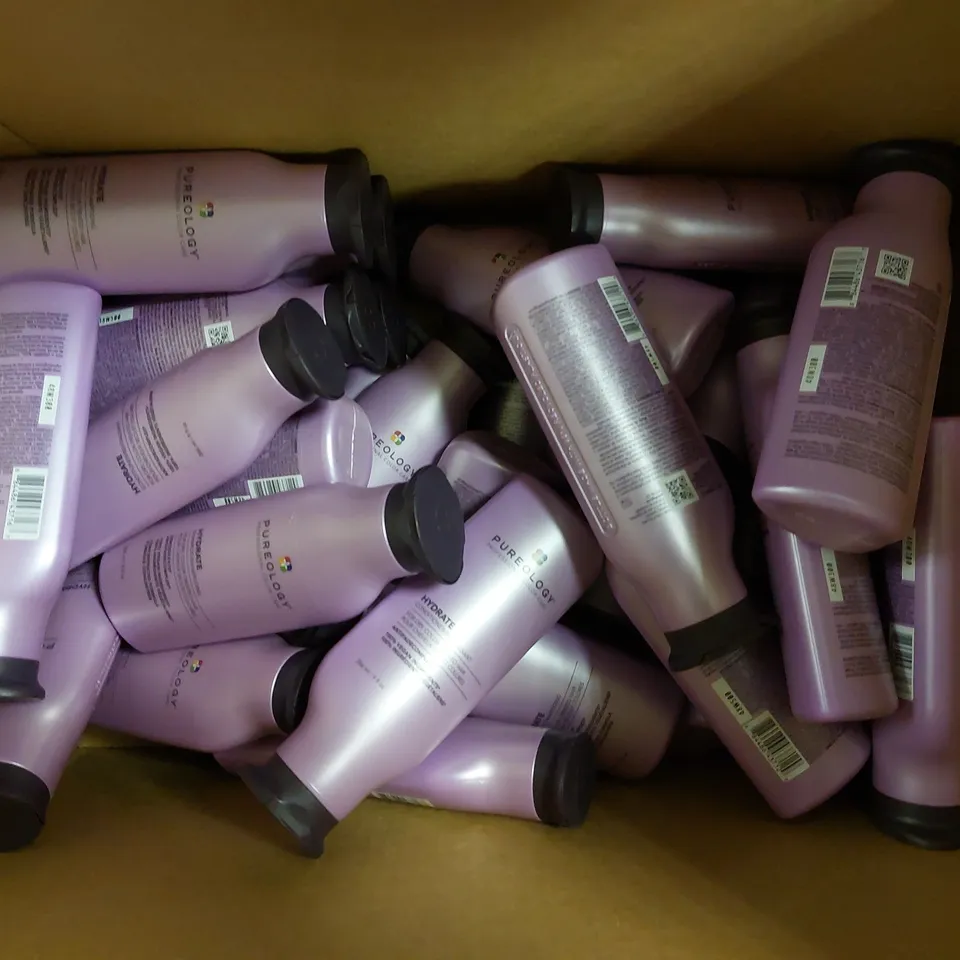 BOX OF APPROX 20 PUREOLOGY HYDRATE SHAMPOO AND CONDITIONER