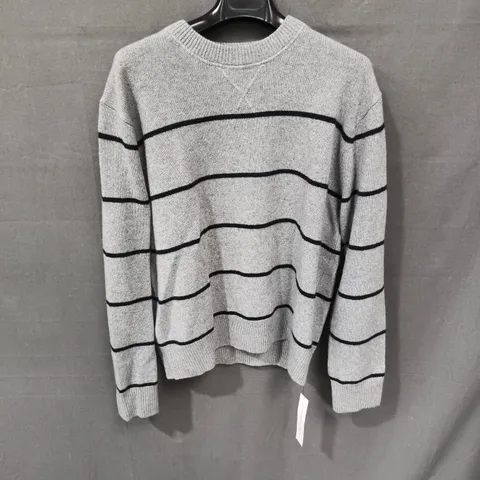 REFORMATION MATEO UNISEX CASHMERE CREW NECK SWEATER – GREY WITH NAVY STRIPES, SIZE S