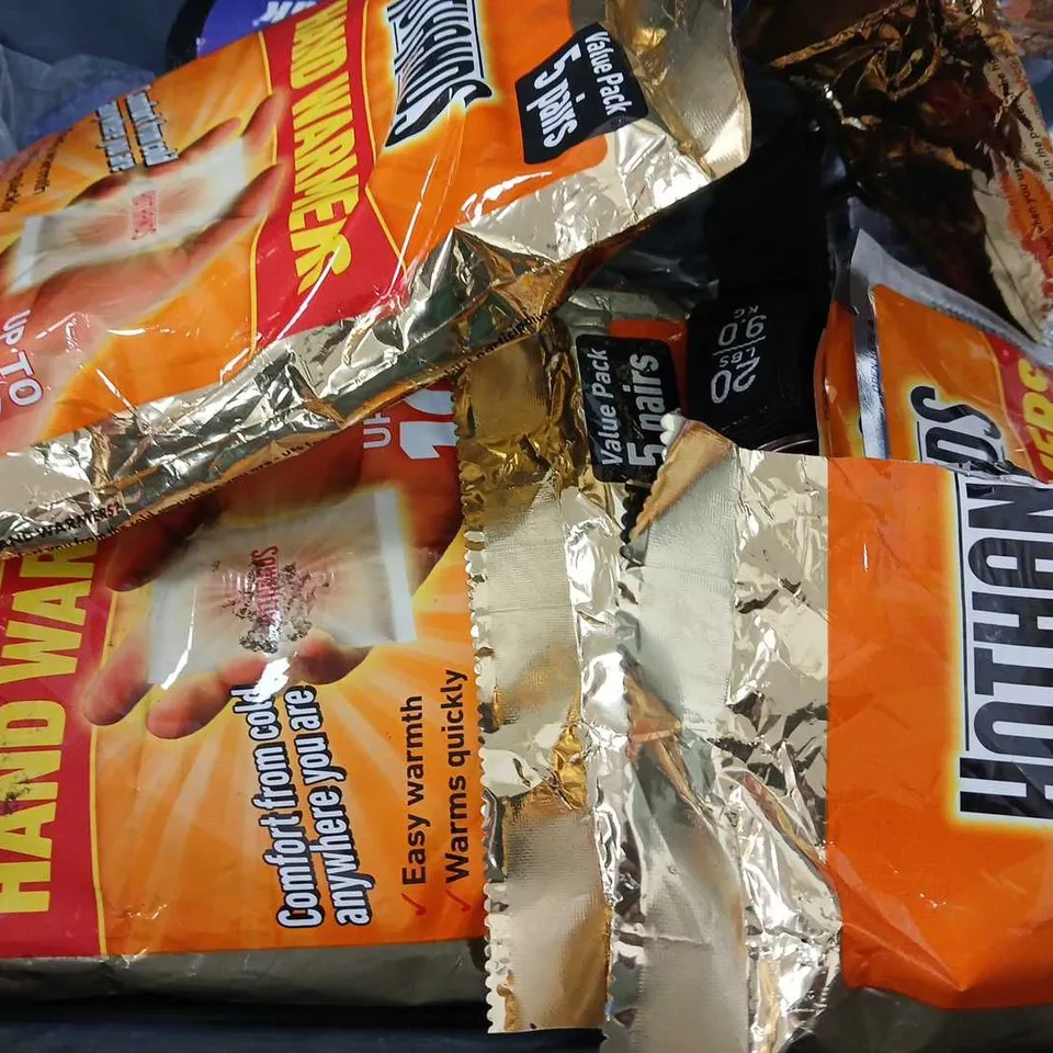 BOX OF APPROXIMATELY 15 ASSORTED ITEMS TO INCLUDE - TRIMMER LINE , HOT HANDS HAND WARMERS , LATEX GLOVE ETC