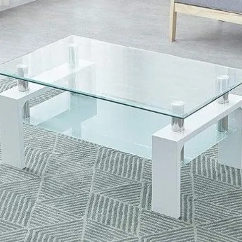 BOXED TEMPERED GLASS COFFEE TABLE WITH SHELF RECTANGLE WHITE WOOD LEGS