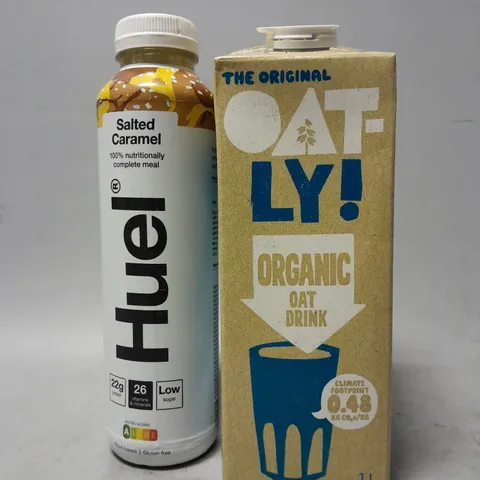 TOTE OF APPROXIMATELY 9 ASSORTED FOOD ITEMS TO INCLUDE - HUEL SALTED CARAMEL , OATLY ORGANIC 