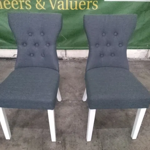 SET OF 2 NEW DESIGNER BEWLEY SLATE FABRIC BUTTON BACK DINING CHAIRS (WHITE LEG)