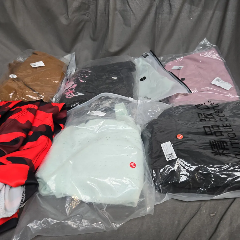 LARGE BOX OF ASSORTED CLOTHING ITEMS IN VARIOUS COLOURS, SIZES AND STYLES