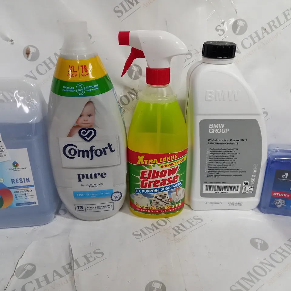BOX OF APPROX 8 ASSORTED LIQUIDS TO INCLUDE - BMW COOLANT - ELBOW GREASE - FINISH DISHWASHER DEEP CLEAN ECT