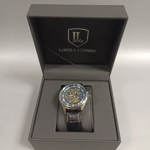 MENS LOUIS LACOMBE AUTOMATIC WATCH β SKELETON DIAL β GLASS EXHIBITION BACK CASE β LEATHER STRAP