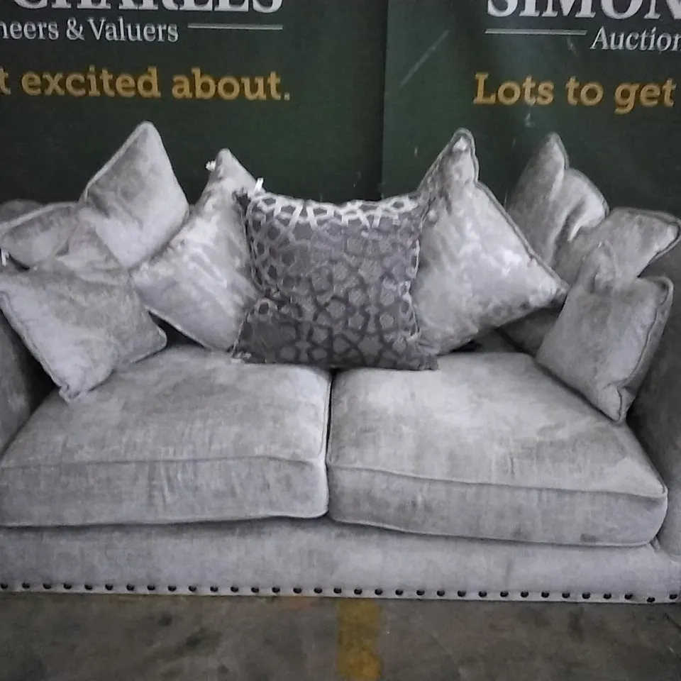 DESIGNER VESPER GREY FABRIC THREE SEATER SOFA WITH STUDDED ARM DETAIL