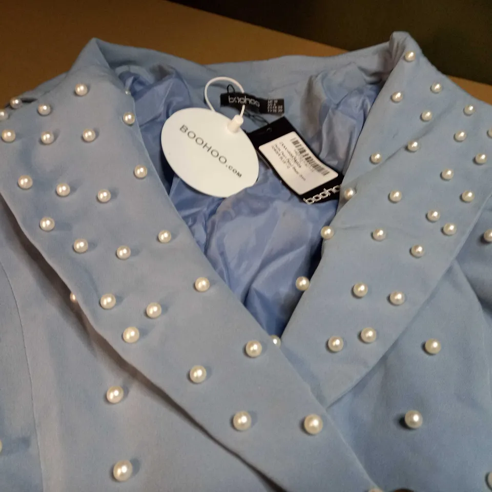BOOHOO POWDER BLUE PEARL DETAIL BLAZER DRESS - SIZE 10 PETITE