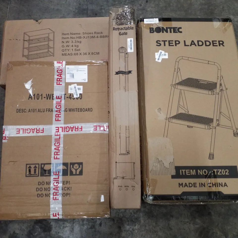 PALLET OF ASSORTED PRODUCTS INCLUDING STEP LADDER, RETRACTABLE GATE, ALUMINIUM WHITEBOARD, SHOE RACK