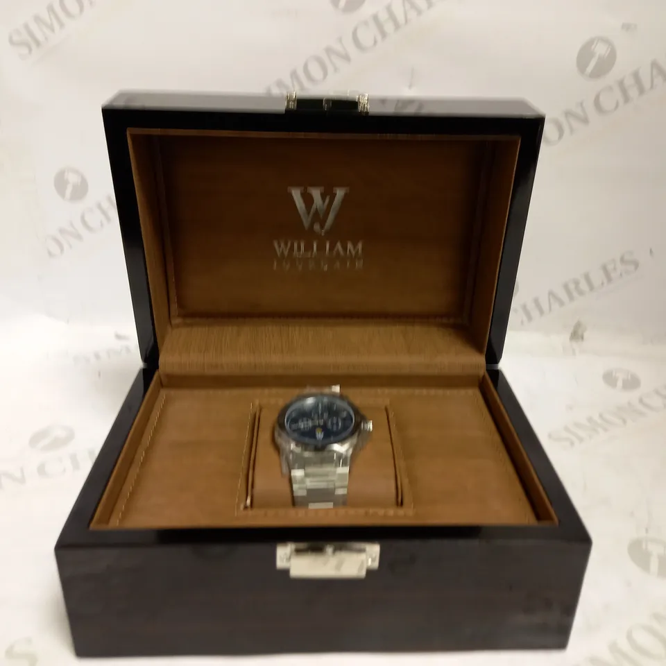 WILLIAM JOURDAIN DETAIL BEZEL TRIPLE DIAL BLUE-GREY FACE BRACELET STRAP WATCH