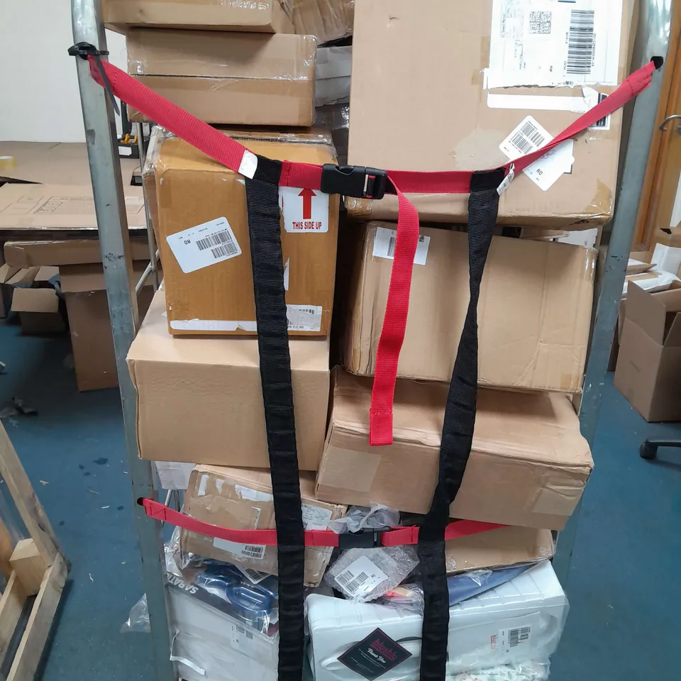 CAGE OF ASSORTED HOMEWARE GOODS TO INCLUDE CLOTHING ITEMS , KITCHEN APPLIANCES ,EXFOLIATING BODY BRUSH  ETC 