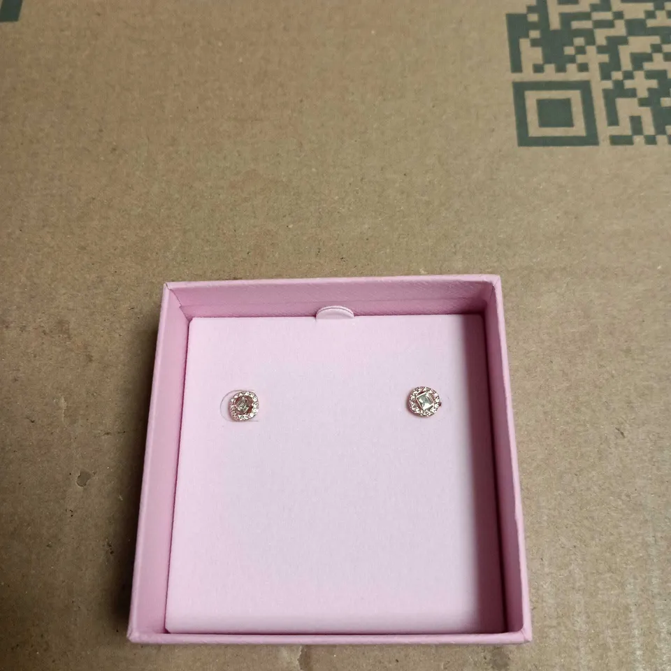 SWAROVSKI JEWELLERY: CLEAR STONE HALO STUD EARRINGS IN PINK PRESENTATION BOX