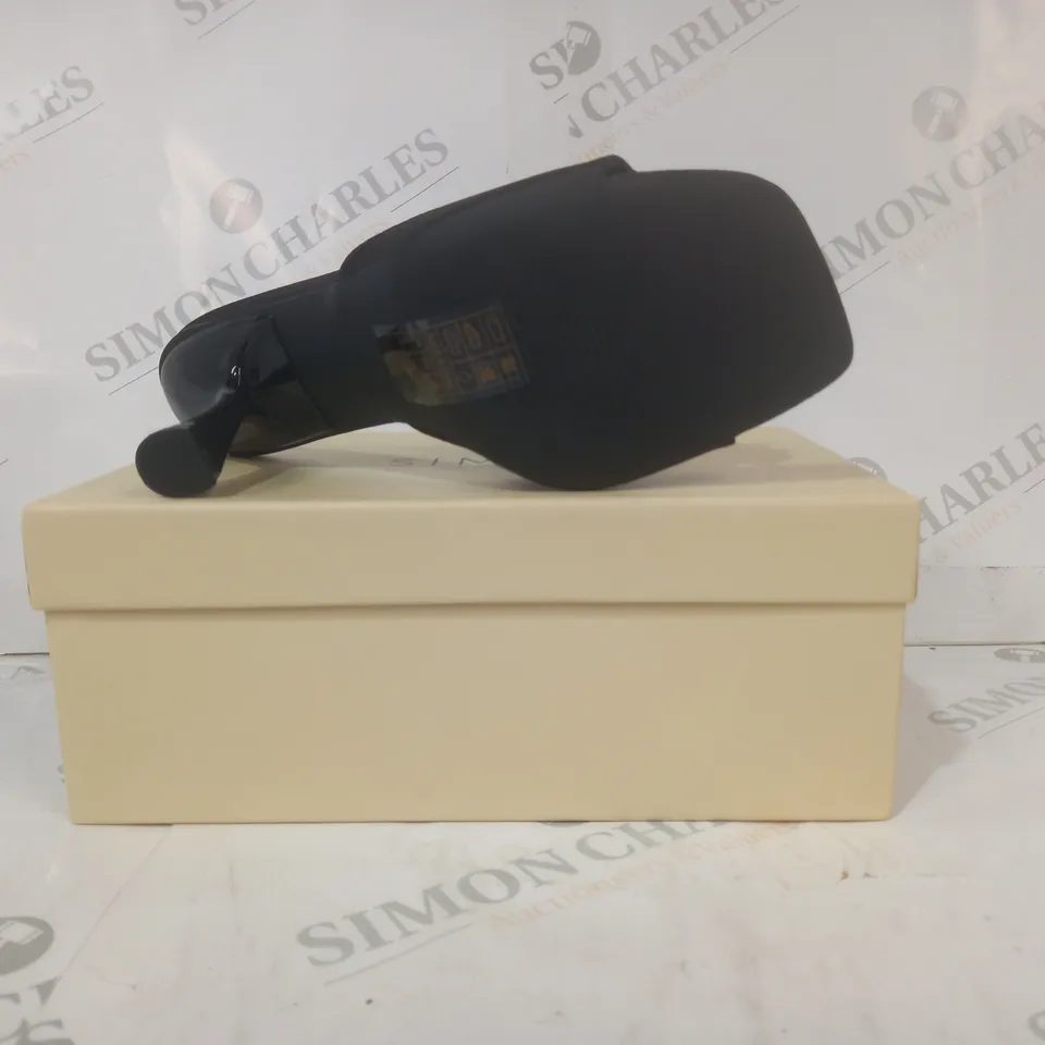 BOXED PAIR OF SIMMI LONDON EMBERLEY OPEN TOE HIGH HEELED SHOES IN BLACK SATIN UK SIZE 5