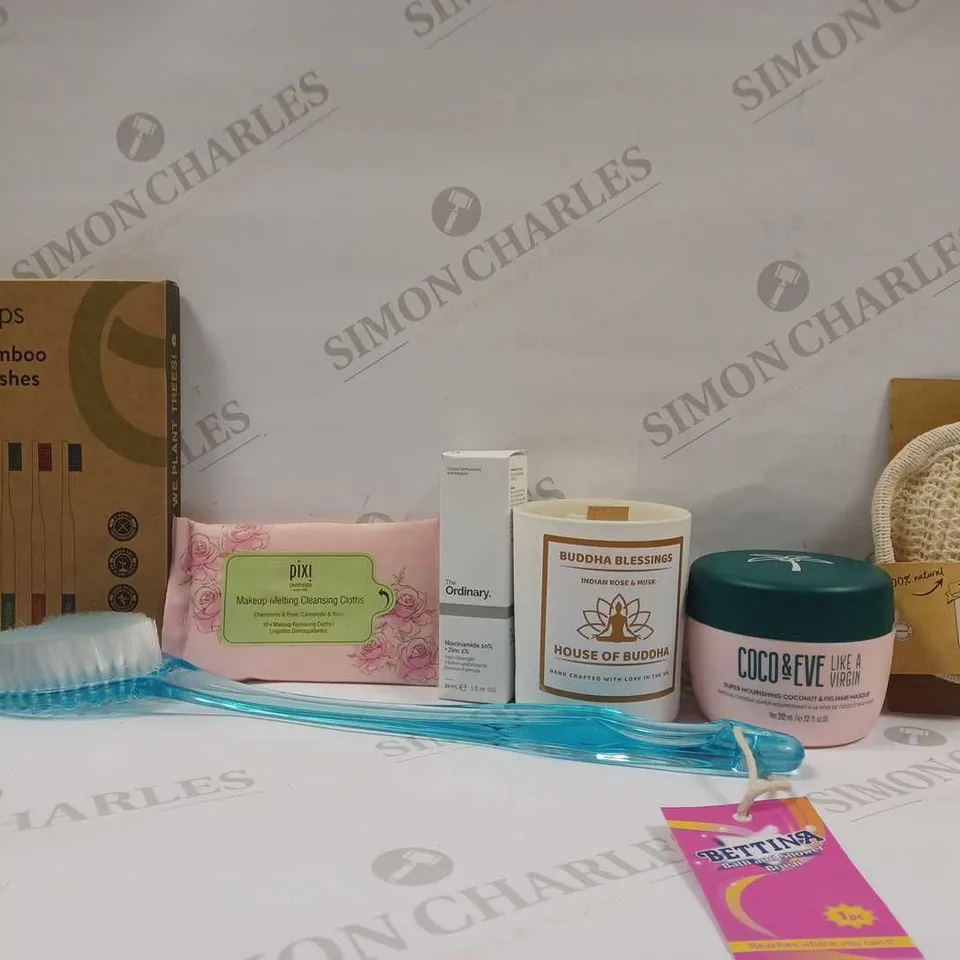 BOX OF APPROX 25 ASSORTED ITEMS TO INCLUDE - COCO & EVE LIKE A VIRGIN - BUDDHA BLESSING CANDLE - THE ORDINARY BLEMISH ECT 