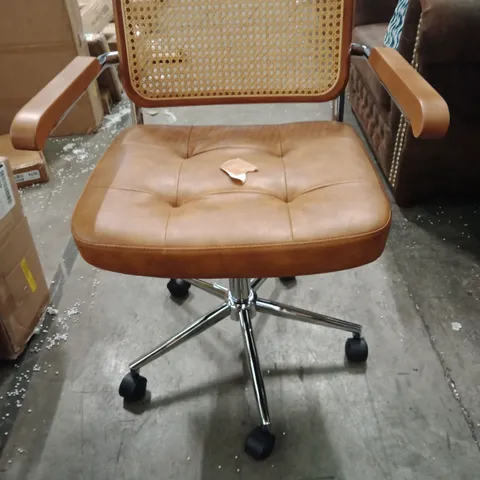 RATTAN BACK MID-CENTURY SWIVEL OFFICE CHAIR WITH WHEELS & ARMRESTS β BROWN UPHOLSTERY