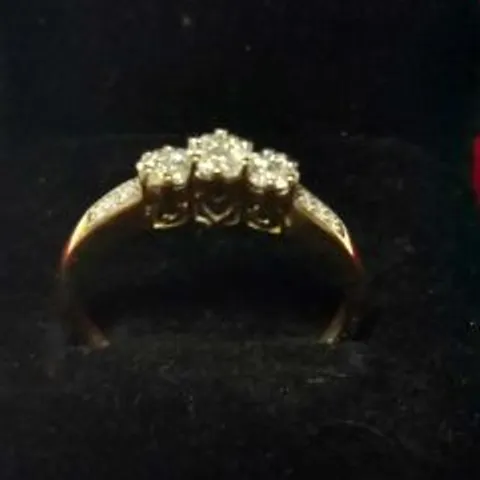 9CT GOLD RING WITH THREE DIAMOND SET CLUSTERS AND DIAMOND SHOULDERS