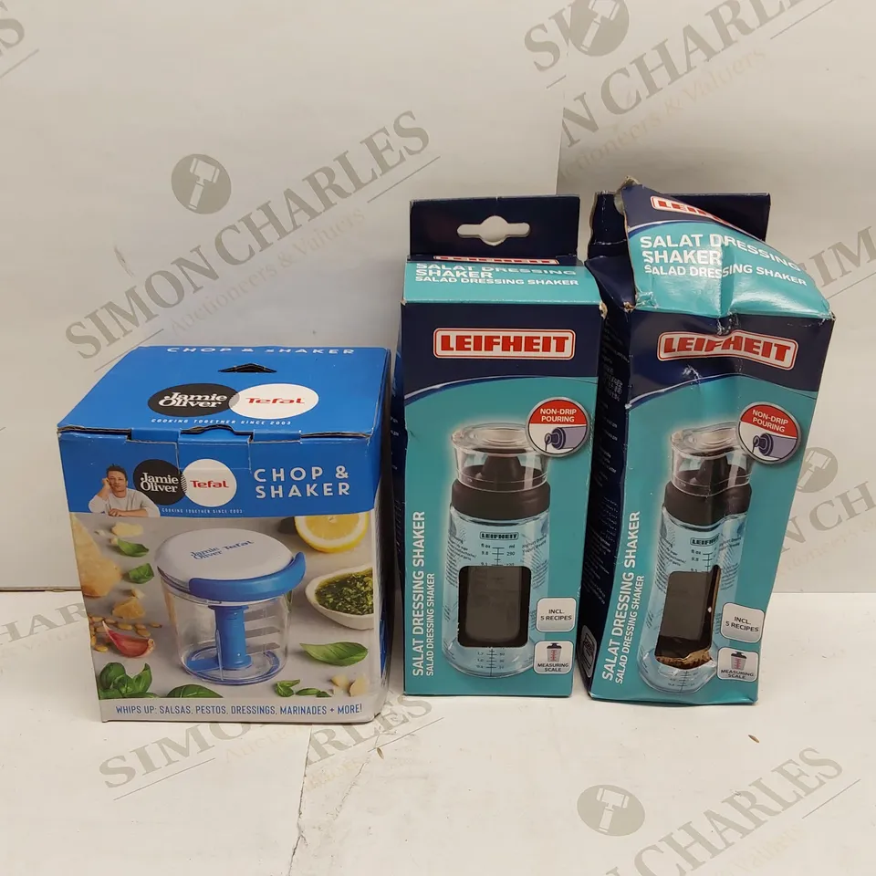 BOX OF BRAND NEW KITCHEN PRODUCTS TO INCLUDE; 1X JAMIE OLIVER CHOP & SHAKER, 2X LEIFHEIT SALAD DRESSING SHAKERS