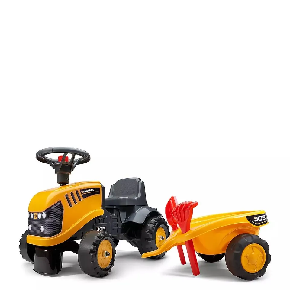 FALK BABY JCB RIDE-ON TRACTOR WITH TRAILER, RAKE & SHOVEL