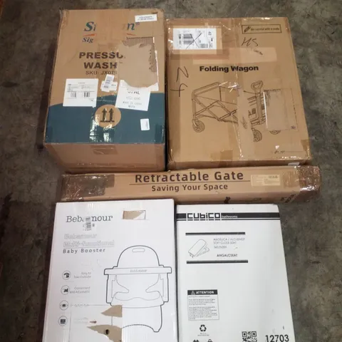 PALLET CONTAINING ASSORTED PRODUCTS INCLUDING PRESSURE WASHER, FOLDING WAGON, RETRACTABLE SAFETY GATE, MULTIFUNCTIONAL BABY BOOSTER & TOILET SEAT
